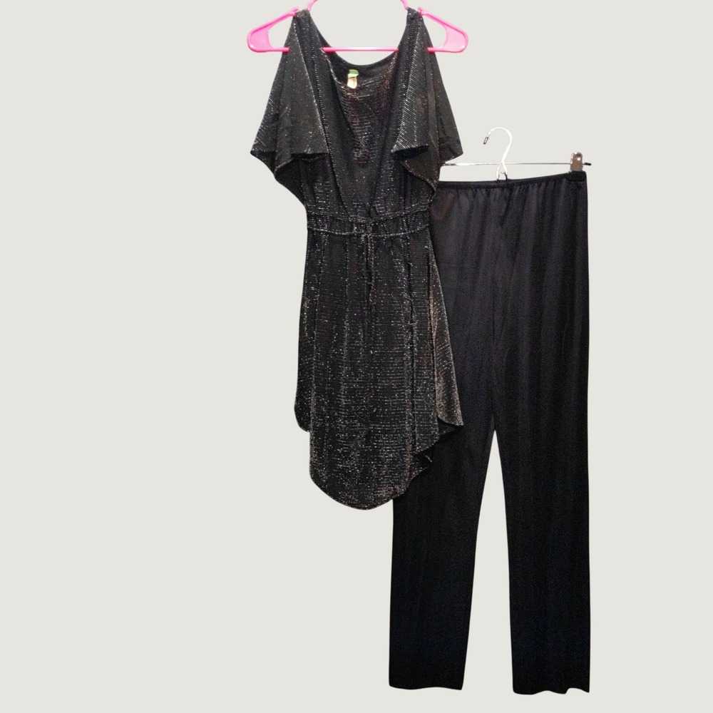 Vintage 70s 80s Metallic Glitter Disco Tunic Pants Set Co-ord Lot Black Sz 9/10